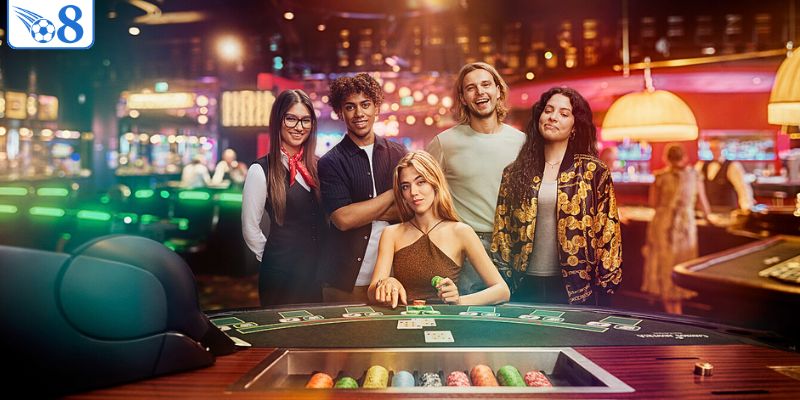 Không gian casino với dealer thật và bàn chơi trực tiếp theo thời gian thực